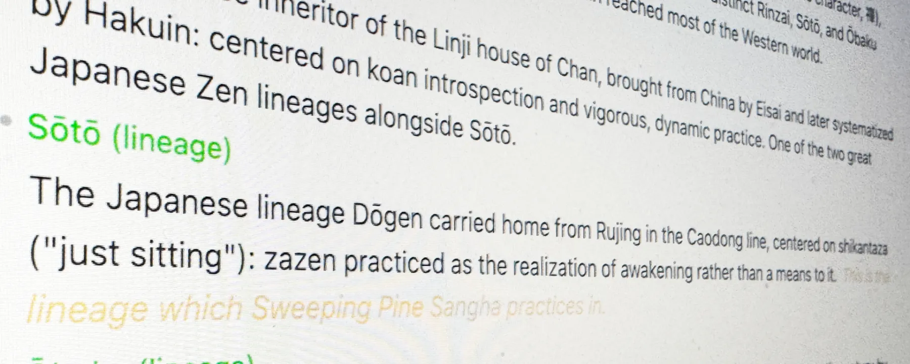 Text on a screen showing Japanese Zen traditions.