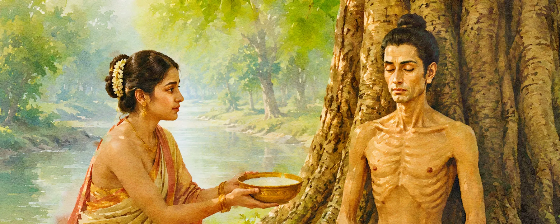 Illustration of Sujata offering a bowl of rice milk to Siddhartha