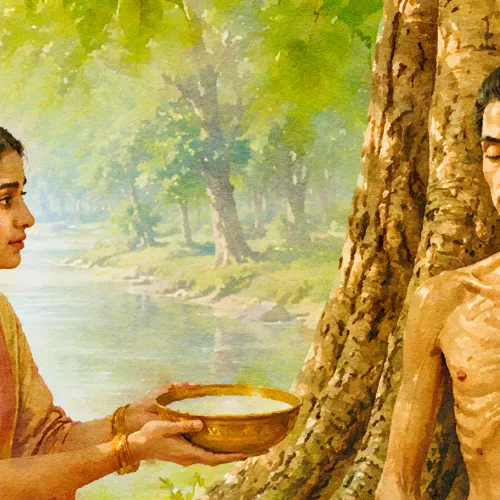 Illustration of Sujata offering a bowl of rice milk to Siddhartha